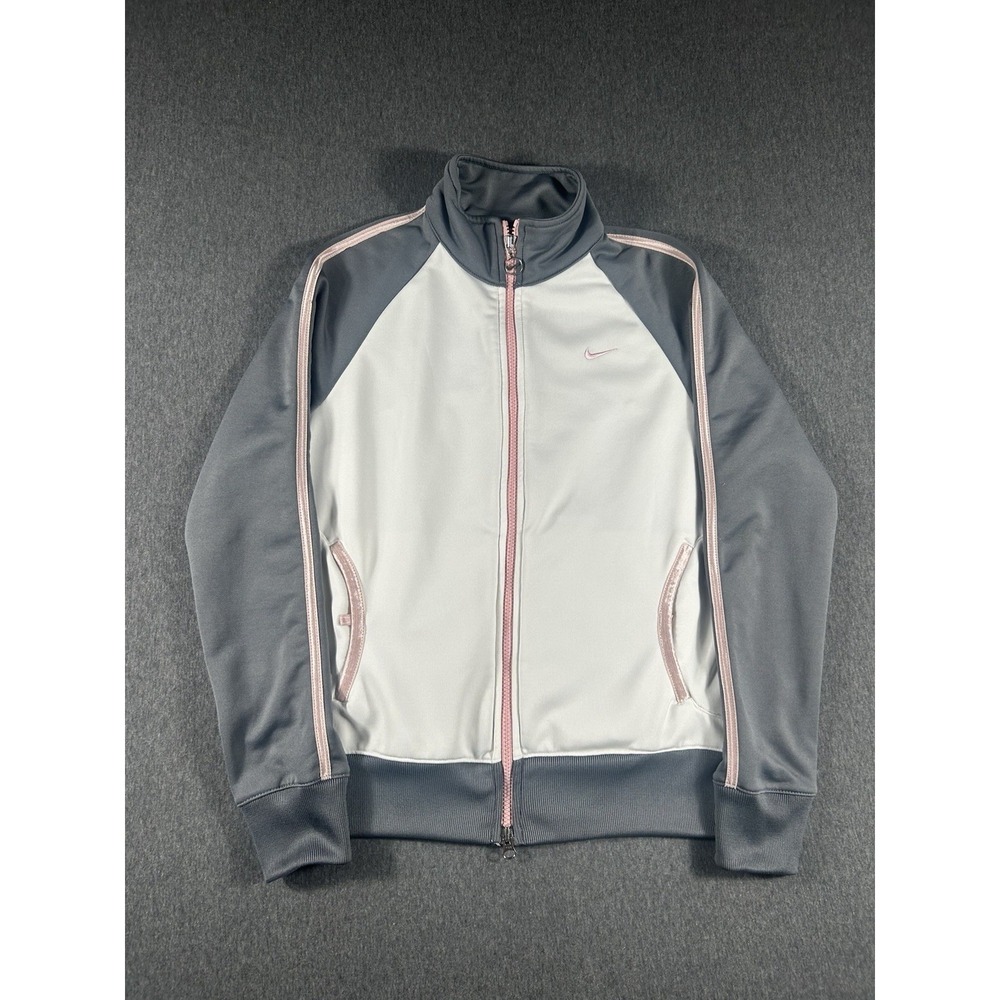 Nike Girls' Vintage Full-Zip Track Jacket Grey White Pink Size M (8-10)